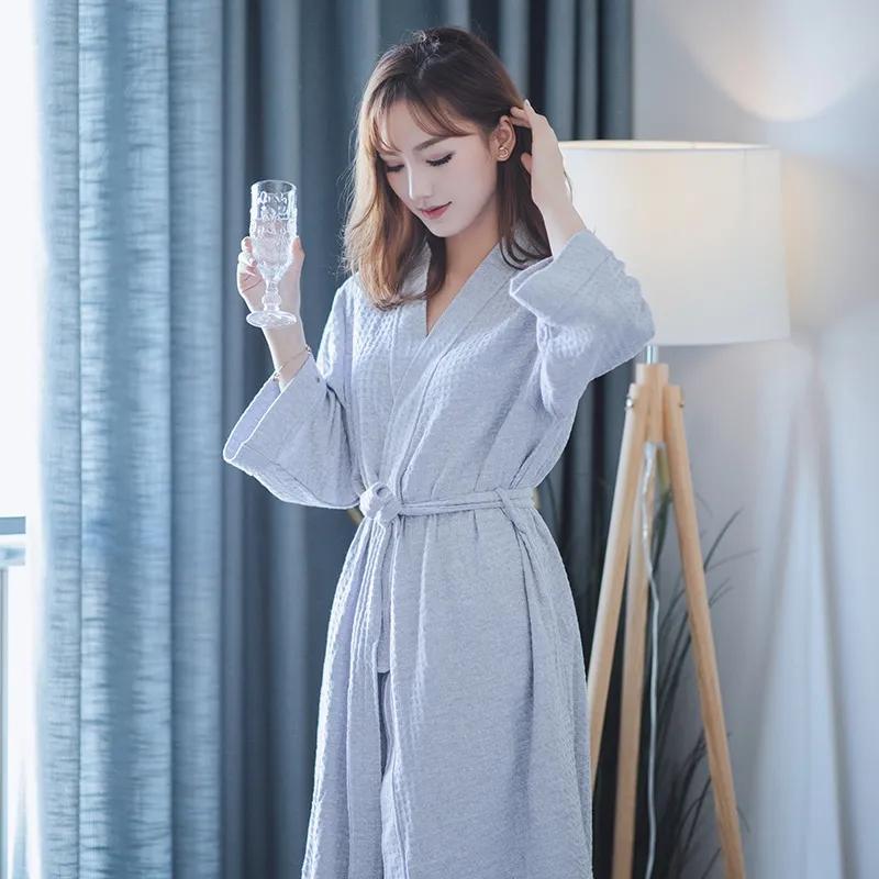 Women's Yukata Pajamas Robe Spring Autumn Loose Waffle Solid Color Bathrobe Long Sleeves Robe Sleeping Robes with Belt