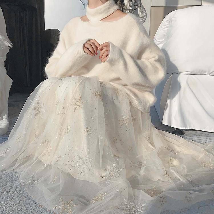 Women's Snowflake Embroidered Mesh Skirt Lace Printing Elastic Waist Princess Tutu A-line Skirt Mid-length High-waist Fairy Skirt