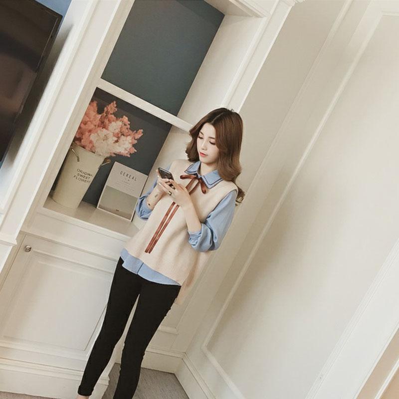 Spring and Autumn Striped Shirt Vest Two-piece Knitted Suit Vest Fashion Simple Female Sweater