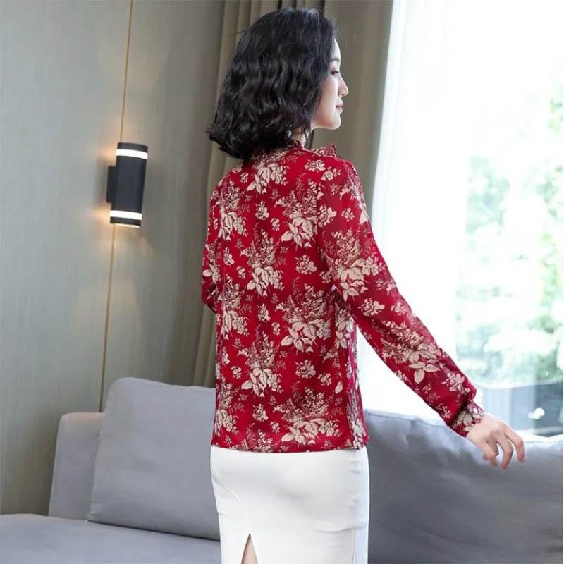 Floral Chiffon Shirt Shirt Ladies Mom Long Sleeve Top Covering Meat Foreign Style Commuter