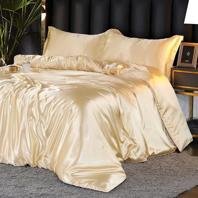 Ice Silk Four-piece Double-sided Silk 1.5 M 1.8 M Bed Pillow Linen Is Set In A Sleeve Bed Supplies Simple Solid Color