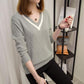 Pofulove Pullover Sweater Women V- Neck Soft Hollow Knitted Winter Knitwear Pull Femme Sweaters Tops