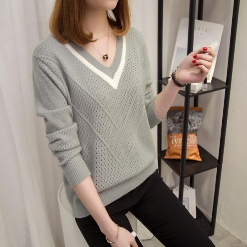 Winter Women Sweater Long Sleeve Solid Color Cutout Casual Pullover Loose V Collar  Ladies Sweater