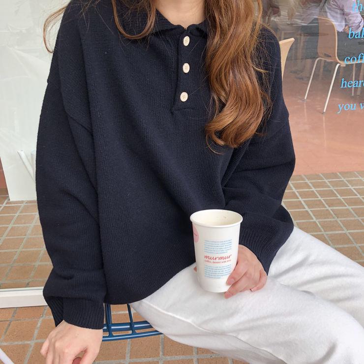 Pofulove Solid Color POLO Collar Sweater Jacket Female Autumn Winter College Style Sweater