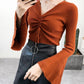2021 Early Autumn Sweater Women's V-neck Drawstring Long-sleeved Pleated Flared Sleeve Sweater Top Bottoming