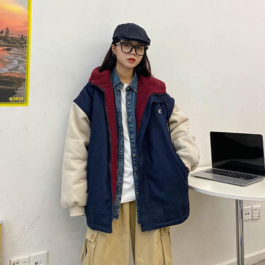 Cotton-padded Jacket Women's Winter Style Cotton-padded Jacket Loose Student Hong Kong Style Lamb Wool Plus Velvet Thick Coat