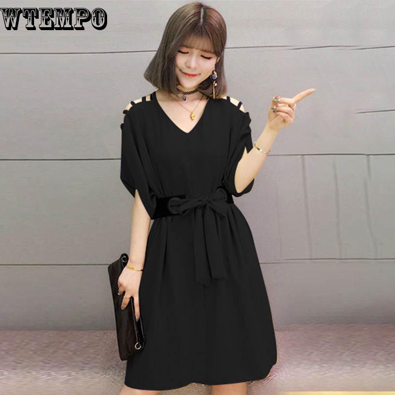 Brand Women's Leaking Shoulder Dress Summer Dress Bat Sleeve Loose Skirt