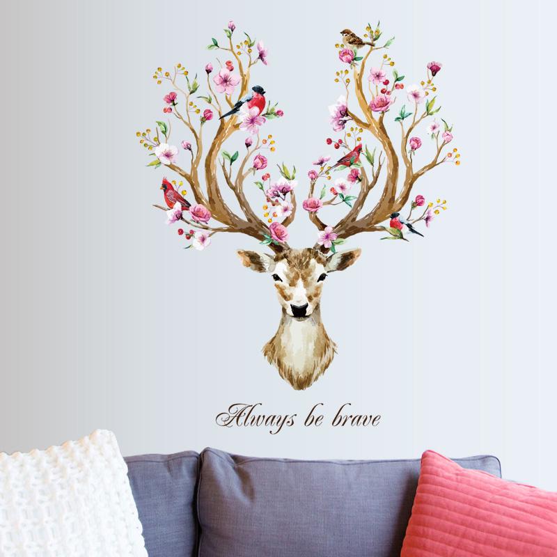 [Wall sticker ]Cartoon Plum Flower Deer Animals Wall Stickers For Kids Rooms Nursery Baby Children D