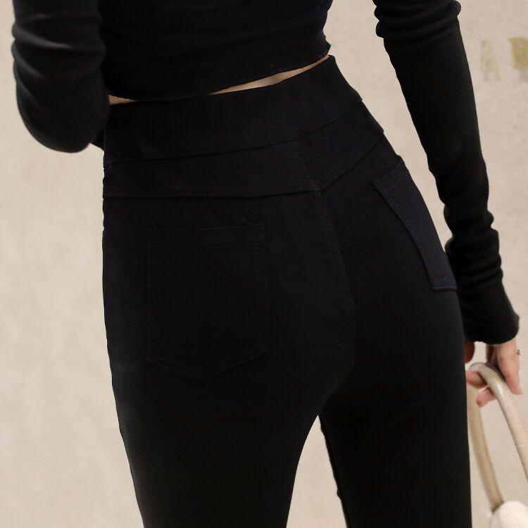 WTEMPO Stretch Trousers Double Breasted Leggings Women's High Waist Worn Outside Cotton Black Tight Pants