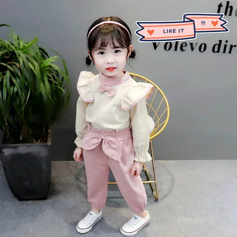 Children's Suits Girls Spring and Autumn Clothes Cute Bow Decoration Single-breasted Long-sleeved Comfortable Light and Breathable Two-piece Set