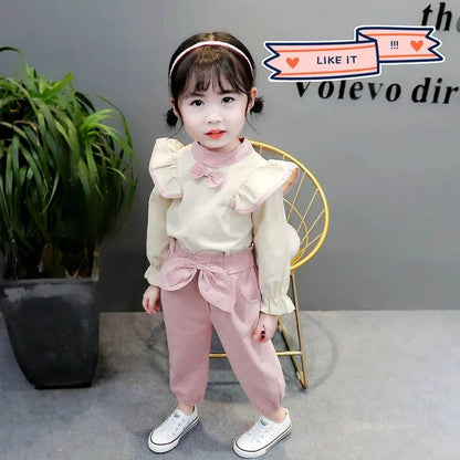 Children's Suits Girls Spring and Autumn Clothes Cute Bow Decoration Single-breasted Long-sleeved Comfortable Light and Breathable Two-piece Set
