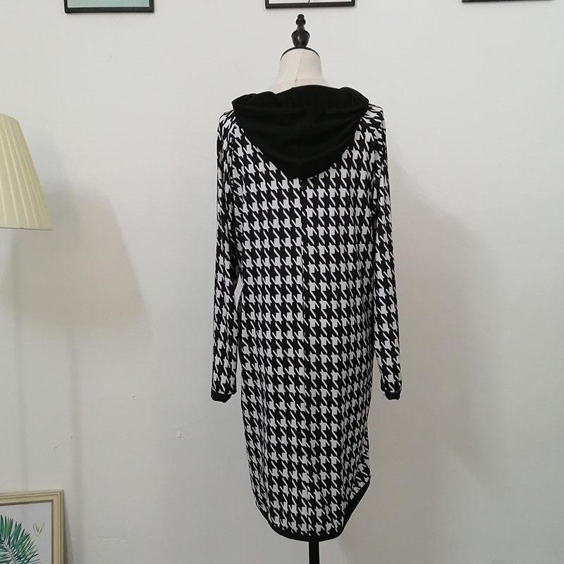 XL-XXXXXXL Houndstooth Mid-length Sweater Dress Women Spring and Autumn Plus Size Hooded Long Sleeve Loose Dress