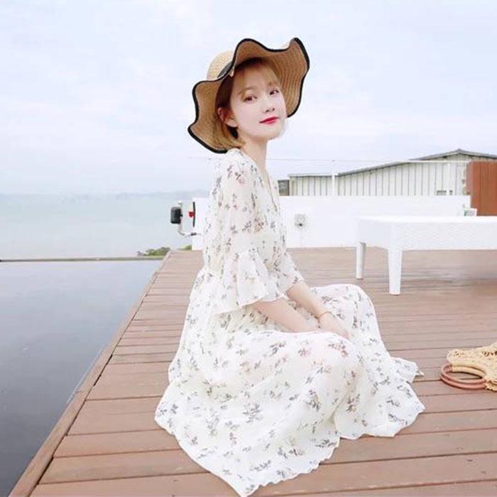Pofulove Plus Size Women Summer Floral Chiffon Dress Slim Long Dress Below The Knee Sexy Dress