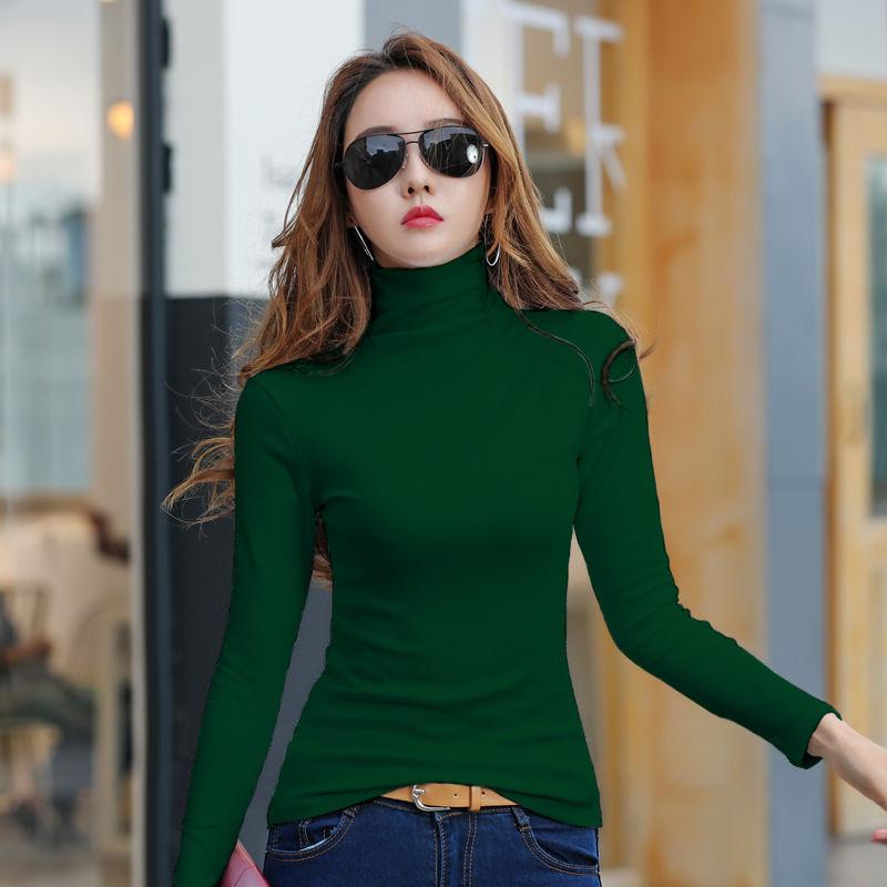 Fashion Women's Pullover Winter High Neck Women's Bottoming Shirt Long-sleeved Solid Color Slim Women's Cotton Top