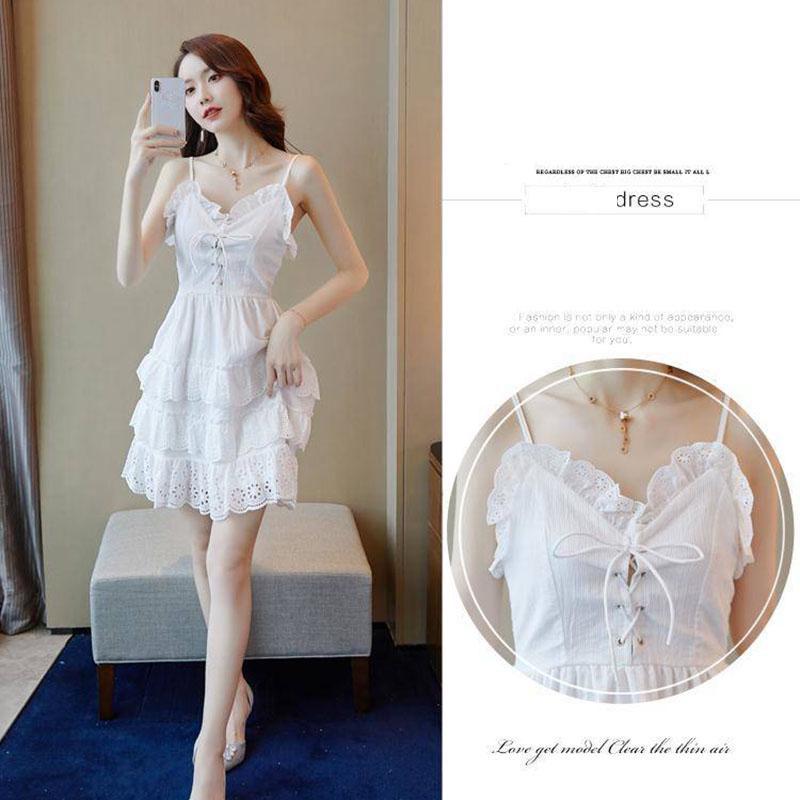 Fashion Summer Sexy V-neck Multi-layer Strap Dress Ruffled Lace Dress Backless Vacation Beach Dress