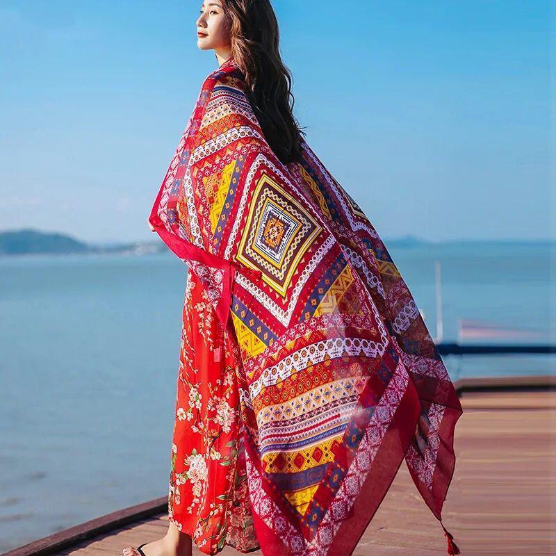 Ethnic Style Bohemia Cotton Linen Scarf Women Oversized Sunscreen Holiday Beach Silk Scarf Fringed Seaside Shawl