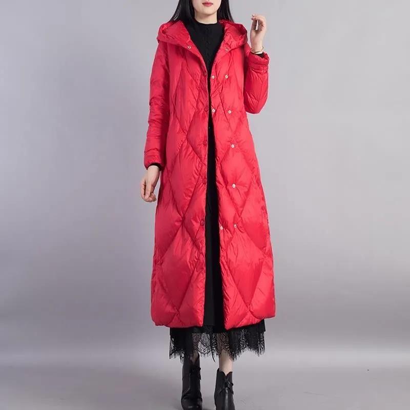 Long Down Jacket Winter Women's Art and Leisure Loose Hooded Jacket Large Size Thickened Warmth and Long Over-the-knee Jacket
