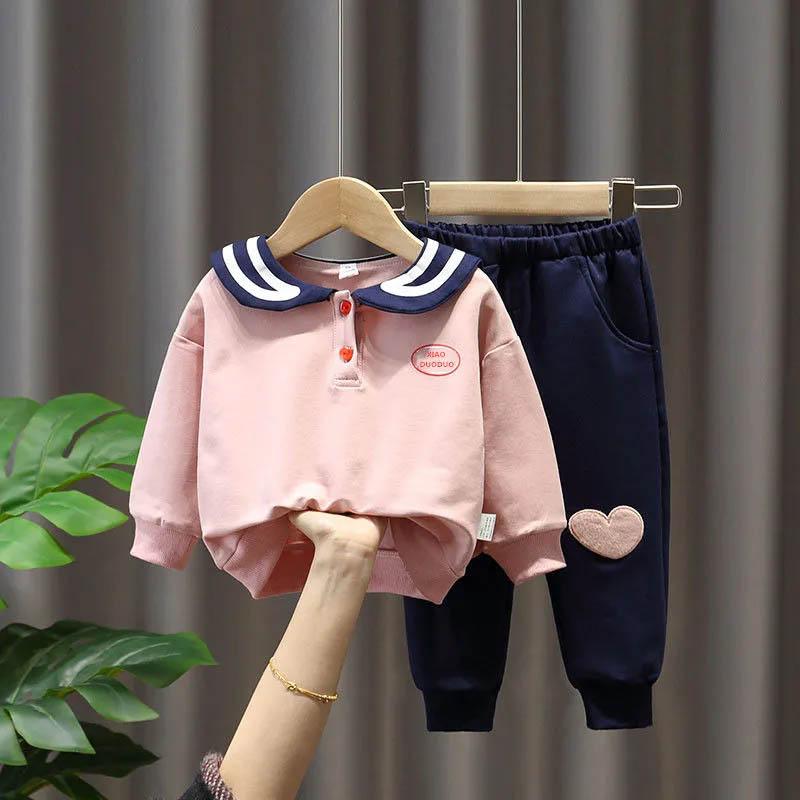 Baby Girl Suit Spring and Autumn Baby Clothes Letter Printing Pullover Lapel Cute Long-sleeved Sweater + Casual Sports Pants Two-piece Set