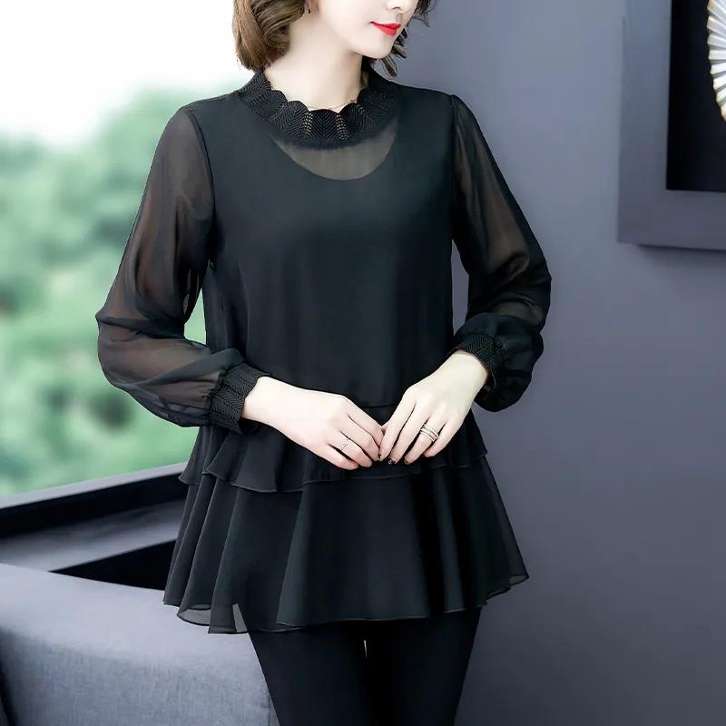 Spring Fall Sexy Women See Through Blouse Black Perspective Top Fashion Long Sleeve Transparent Sheer TShirt Pullover