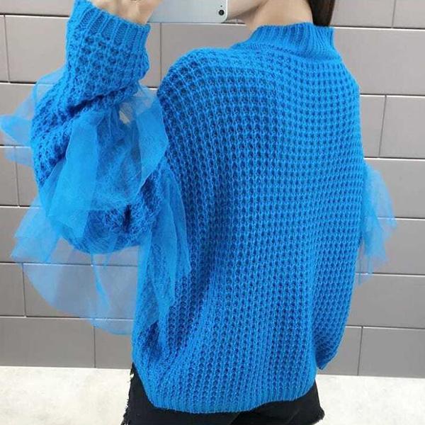 Hollow Lace Stitching Sweater Autumn and Winter Fashion Bottoming Shirt Solid Color Long-sleeved V-neck Sweater Casual All-match Top