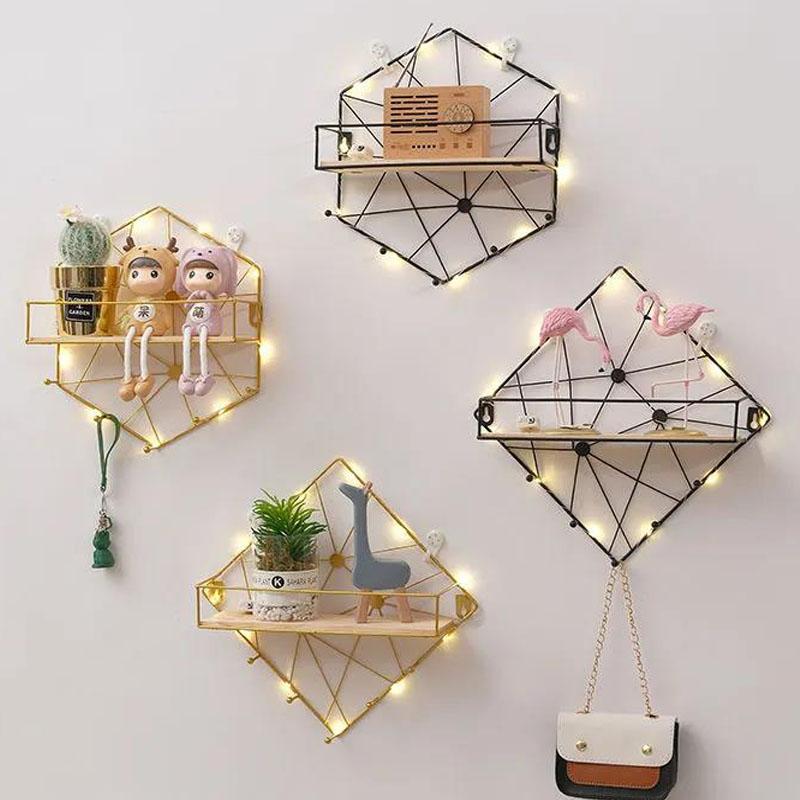 Nordic Style Metal Decorative Shelf Living Room Art Storage Shelf Wall Display Platform with Light Strip