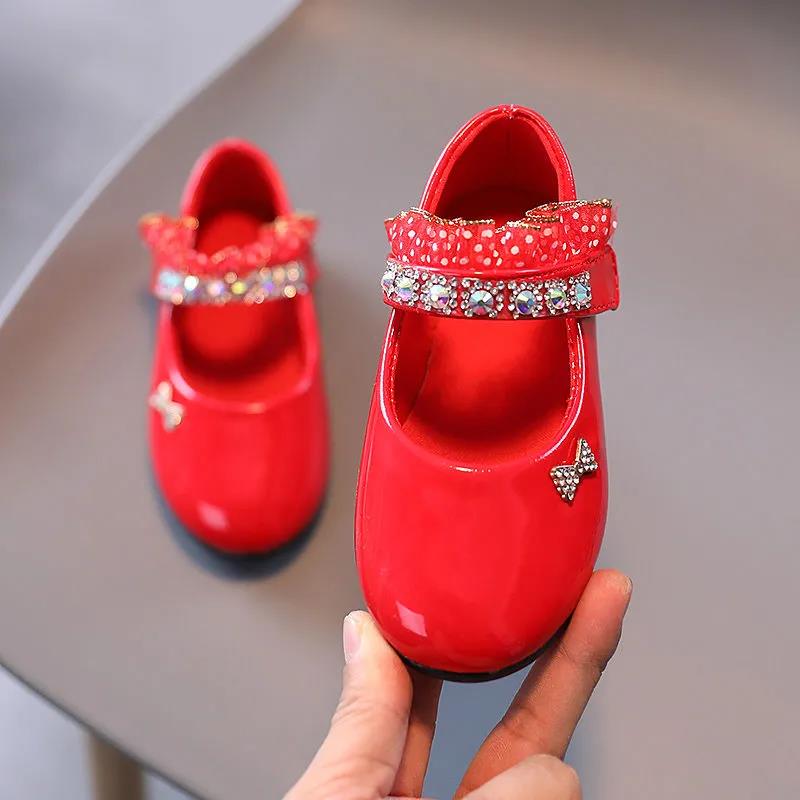 Girl's Soft Soled Bowknit Shoes Lace and Sequins Decoration Breathable Single Shoes Girls' Non Slip Solid Color Princess Shoes