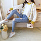 Autumn and winter Korean version of loose front short back long split knit sweater round neck pullover short wild student youth female sweater