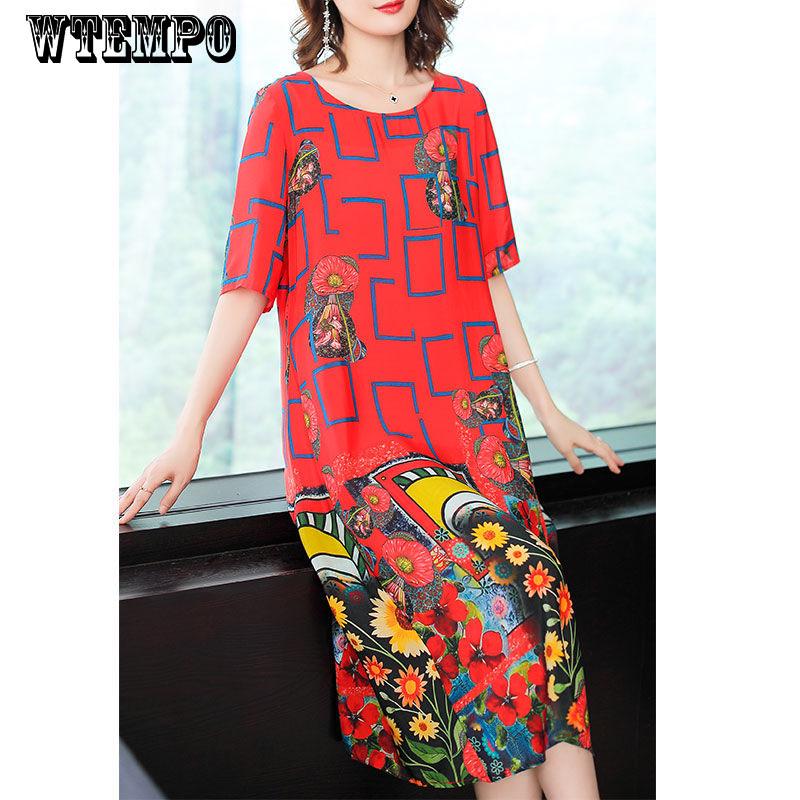 Wtempo Silk Dress Spring Summer Floral Print Women Silk Dress Loose Fashion Casual Dress Female