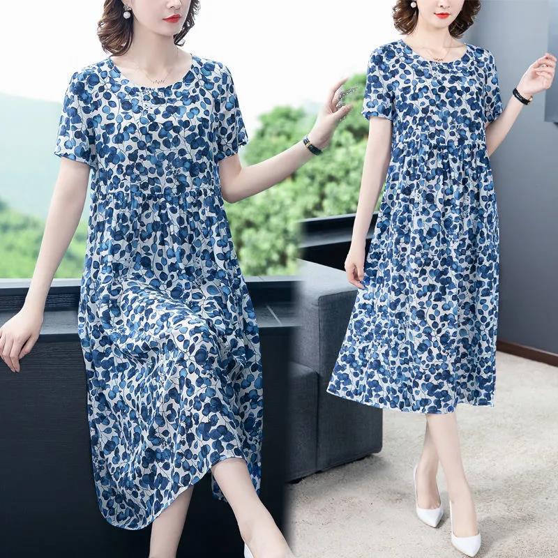 Women's Summer Short Sleeve Mid Length Floral Large Size Dress Slim A-line Skirt