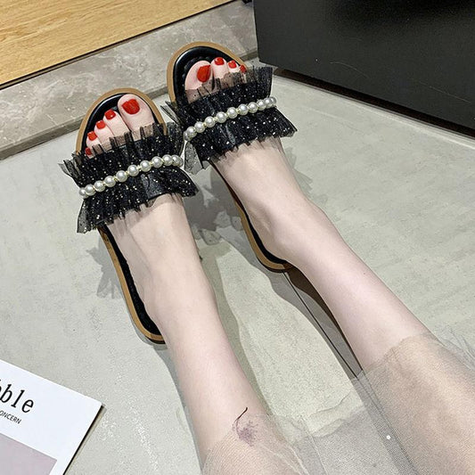Fairy Style Slippers Women's Outer Wear Summer Pearl Sandals and Slippers Fashion Flat Non-slip