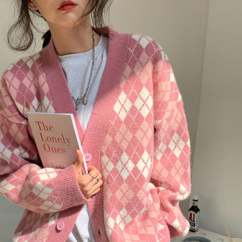 Autumn Winter Check Color Contrast V-neck Long  Sleeved Sweater Jacket Women Retro College Style Loose Knit Cardigan Outer Wear
