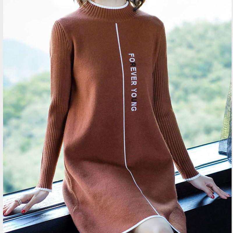 Thicken Turtleneck Sweater Dress Women's Fall/Winter Large Size Loose Letter Printed Pullover Sweater Knit Dress
