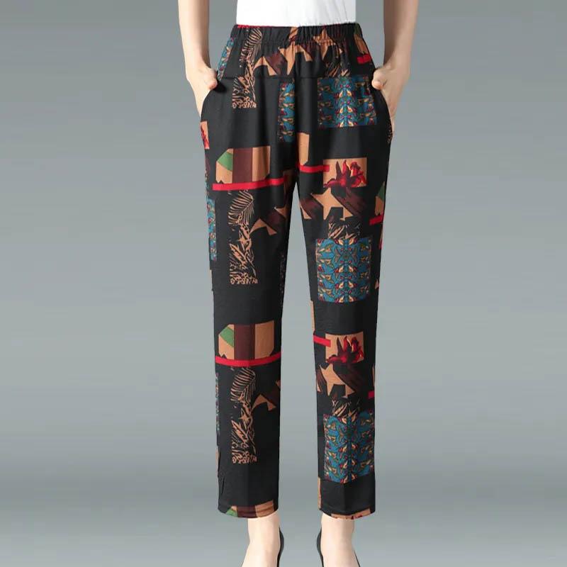 Summer Thin Women's Pants Casual Large Size Loose Pants Breathable Printed Nine-point Pants High-waisted Straight-leg Pants