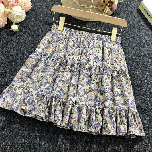 Female Simple Elastic Waist Short Vintage Holiday Skirt Slim Elegant Streetwear Floral Print A-line Miniskirt