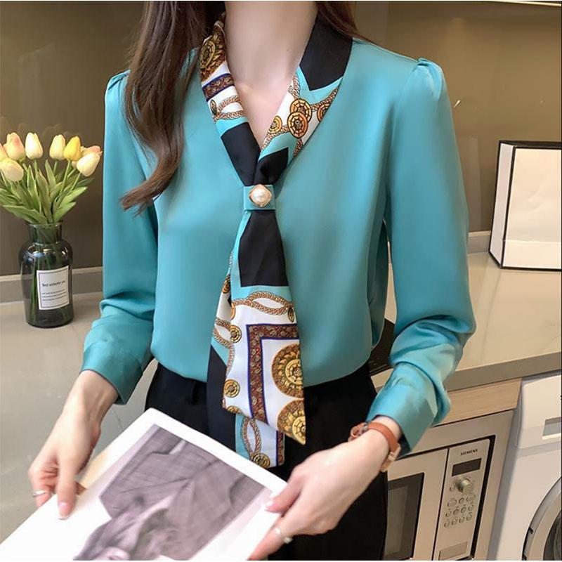 Ladies Shirt Design V-Neck White Blue Contrast Color Long-Sleeve Top Temperament Tie Professional Dress
