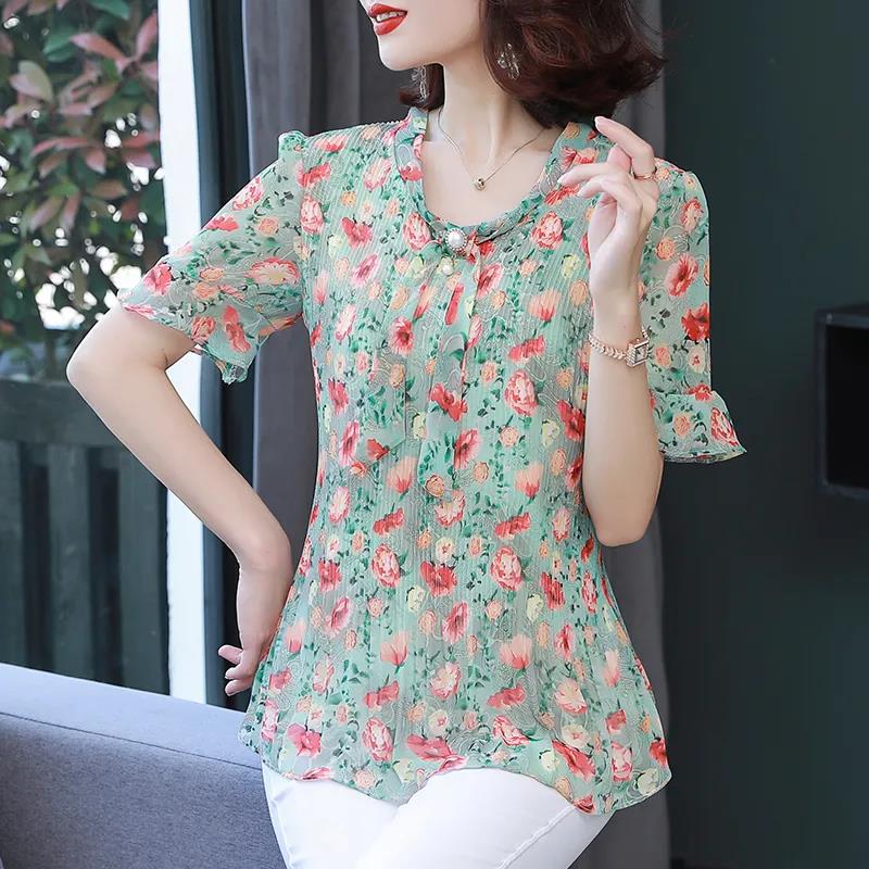Women's Summer Chiffon Short Sleeve Top V-Neck Large Floral Loose T-Shirt