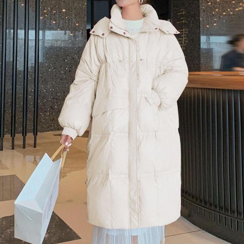 Mid-length Down Jacket Women's Bright Face Waist Thickened White Duck Down Bread Jacket