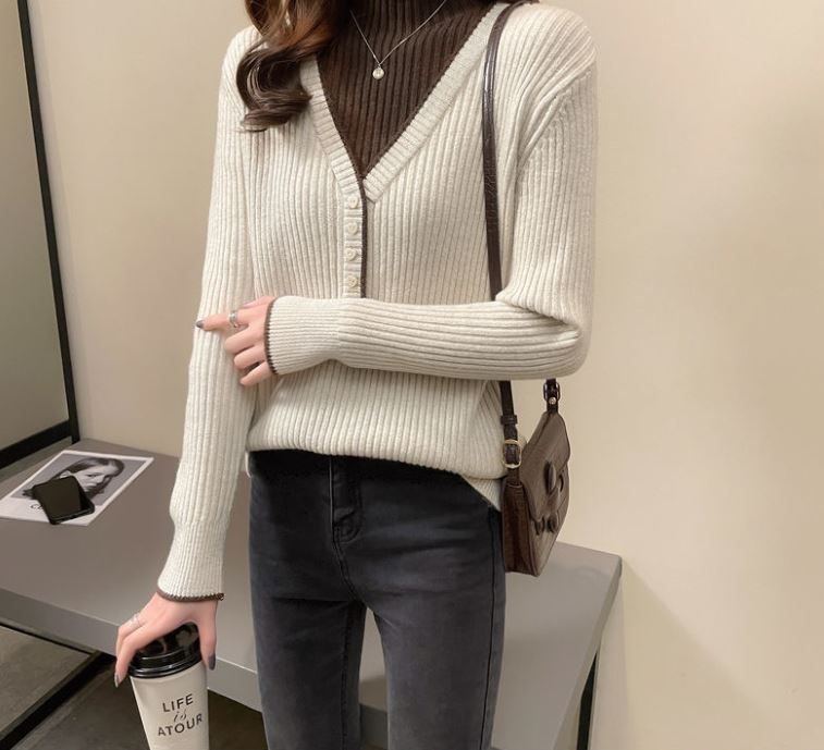 Autumn and Winter Women's Half Turtleneck Sweater Fake Two Pieces Stitching Loose Knit Sweater Fashion Loose Large Size Pullover
