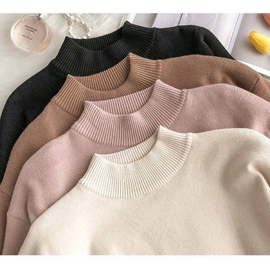 Pofulove Women Solid Color Sweater Dress Long Section Turtleneck Ruffles Lace Knitted Skirt Pullover