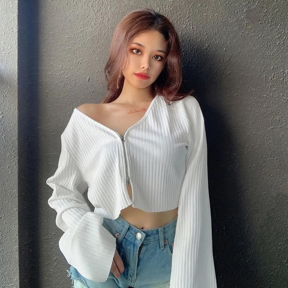 Women's Zipper Thin Cardigan Jacket Retro Loose Short Knit Sweater College Style V-Neck Top Fashion Long Sleeve Shirt