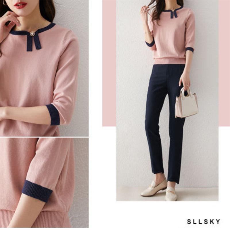 Contrast Color Design Sense Asymmetric Ladies Shirt Sweater Knitted Sweater Ice Silk Three-quarter Sleeve Pullover