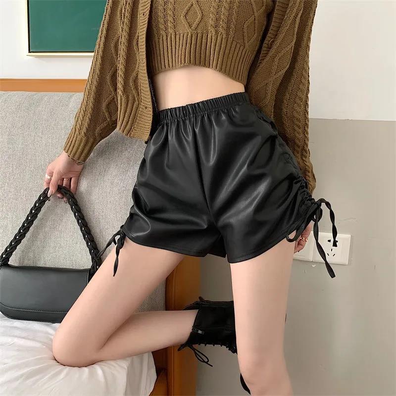 Leather Pants Women's Shorts Autumn and Winter Design Sense Drawstring Pure Desire Wind High Waist Thin A-line Casual Pants