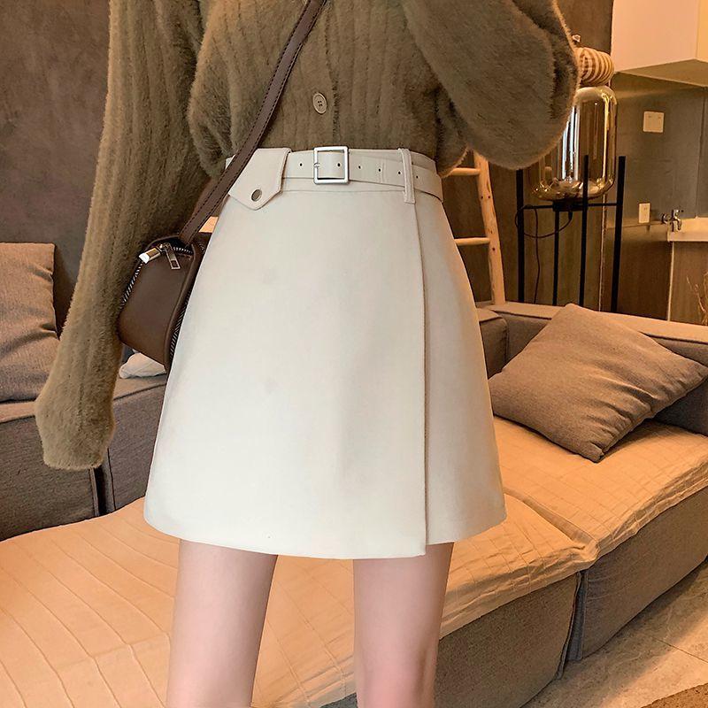 Woolen Cloth Women Sexy Tight A-line High Waist Hip Skirt Short Skirt Belt Split Fork Zipper Club Casual Home Office