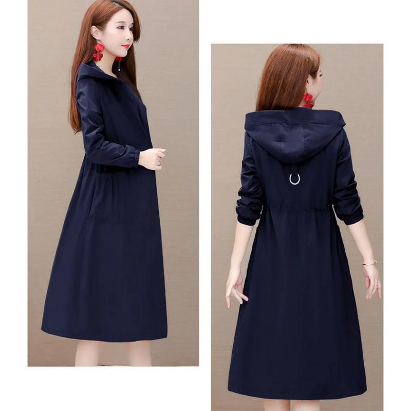 Women's Mid-length Hooded Windbreaker Solid Color Elastic Waist Thinner Hooded Jacket Korean Style Large Size Loose Jacket Drawstring Zipper Jacket