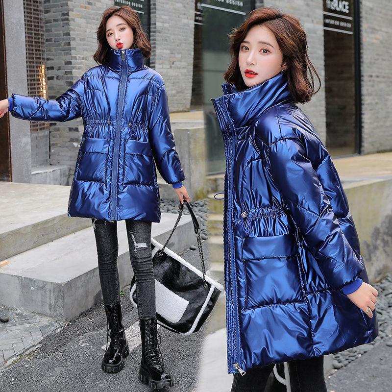 Women's Winter Coats Fashion Glossy Stand Collar Parkas Waterproof Shiny Winter Jacket Women Drawstring Padded Cotton Coat Outwear