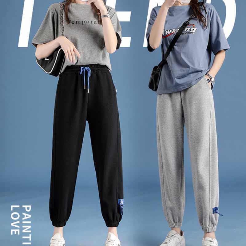Women's Spring and Summer Trousers High-rise Straight-leg Gray Sweatpants Korean Style Loose Casual Student Nine-point Pants Trend