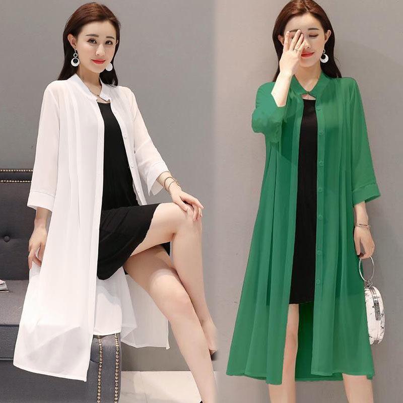 Women's Sun Protection Clothing Sun-Dress Mid-length Plus Size Shawl Loose Outer Chiffon Cardigan Thin Coat Beach