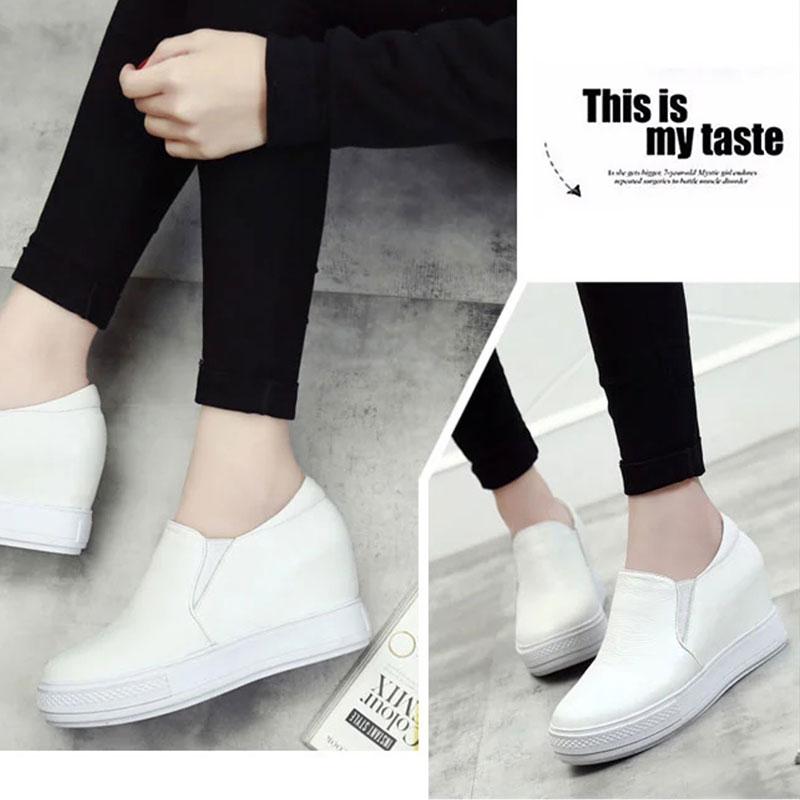 Women's 8cm Height-increasing White Shoes Single Shoes Real Cowhide Thick-soled Pedal Lazy Casual Shoes Flat-bottomed High-heeled Shoes for Students