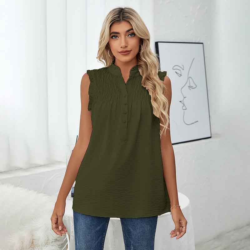 European and American Shirt Women's Sleeveless High Neck Button Frill Loose Casual Top