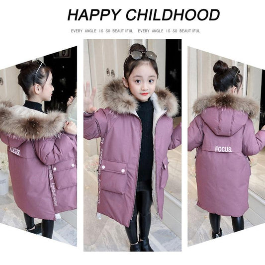 Girls' Winter Clothes Children's Clothes Fur Collar Casual Padded Jacket Cotton Jacket Medium and Long Thickening Medium and Big Children's Jacket